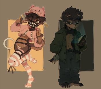 2023 belt black_hair bulge cellphone claws dog dog_boy face_mask feminine floppy_ears furry furry_male hat jacket looking_at_viewer mask narrowed_eyes navel one_eye_closed panties pants phone pokilewd sparkle standing straps_across_chest striped_clothes striped_panties striped_thighhighs thighhighs underwear