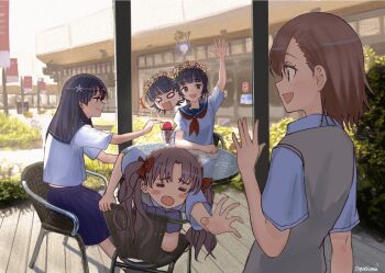4girls :d black_hair blue_eyes blue_sailor_collar blue_skirt bow brown_eyes brown_hair brown_sweater_vest cafe collared_shirt commentary commentary_request english_commentary flower food food_theft hair_bow hair_flower hair_ornament head_wreath highres long_hair medium_hair misaka_mikoto mixed-language_commentary multiple_girls open_mouth parfait pleated_skirt reaching reaching_towards_another red_bow round_table sailor_collar sakugawa_school_uniform saten_ruiko school_uniform serafuku shirai_kuroko shirt short_hair signature skirt sleepingnes1 smile smug sweater_vest table toaru_kagaku_no_railgun toaru_majutsu_no_index tokiwadai_school_uniform uiharu_kazari waving white_shirt