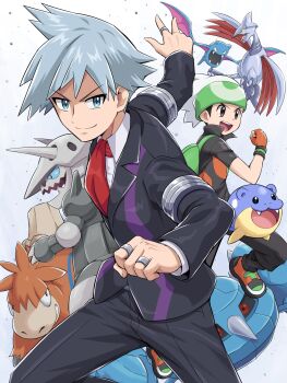 2boys absurdres aggron beanie bird black_hair blue_eyes brendan_(pokemon) camerupt claws closed_mouth collared_shirt fangs flying gen_1_pokemon gen_2_pokemon gen_3_pokemon gloves golbat grey_hair hat highres horns jacket jewelry long_sleeves looking_at_viewer metang multiple_boys necktie nintendo open_mouth pants pokemoa pokemon pokemon_(creature) pokemon_emerald pokemon_rse ring shirt short_hair short_sleeves simple_background skarmory smile spheal steven_stone teeth white_hat white_shirt wings