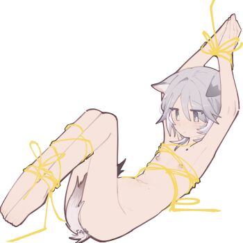 1girl absurdres animal_ears arms_up artist_name ass bdsm between_legs blush bondage bound captured cat_ears cat_girl cat_tail cipher_(honkai:_star_rail) cipher_(in_pursuit_of_the_wind)_(honkai:_star_rail) completely_nude flat_chest gold grey_hair highres honkai:_star_rail honkai_(series) implied_yuri legs_together legs_up loli looking_down navel nipples nude own_hands_together short_hair signature solo solo_focus tail tail_between_legs thighs thread