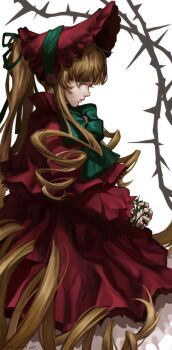 1girl blonde_hair blue_eyes bonnet bow bowtie capelet cmesl_(lin2932) commentary dated dress drill_hair drill_sidelocks expressionless frilled_capelet frilled_dress frilled_sleeves frills from_side green_bow green_bowtie highres long_dress long_hair long_sleeves own_hands_clasped own_hands_together profile red_bonnet red_capelet red_dress rozen_maiden shinku sidelocks solo thorns twintails very_long_hair