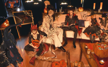 2girls 5boys absurdres animal_ears bat_(animal) bindi black_suit blonde_hair candle candy coat dark_nation dress_shoes elena_(ff7) final_fantasy final_fantasy_vii final_fantasy_vii_remake food formal_clothes ghost gloves hair_slicked_back halloween halloween_bucket halloween_costume hat highres holding holding_pumpkin indoors jack-o'-lantern jacket kyrie_canaan lazard_deusericus lollipop long_hair long_sleeves multiple_boys multiple_girls mummy_costume open_mouth pants pointy_ears pumpkin quxiaochong reno_(ff7) rude_(ff7) rufus_shinra short_hair smile suit tail thighhighs tseng vampire_costume white_coat white_pants witch witch_hat