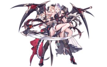 3girls absurdres black_hair blonde_hair conjoined demon_girl demon_tail demon_wings highres legs multiple_girls original scythe tail white_hair wings xuecheng