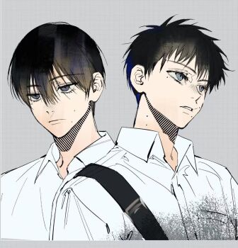 1boy avandee11949 black_hair closed_mouth commentary comparison cropped_torso crossbody_bag grey_background grey_eyes hair_between_eyes hikaru_ga_shinda_natsu male_focus mole mole_on_cheek mole_on_neck mole_under_eye mole_under_mouth multiple_moles multiple_views official_alternate_hairstyle parted_lips pocket simple_background slit_pupils symbol-only_commentary tsujinaka_yoshiki upper_body