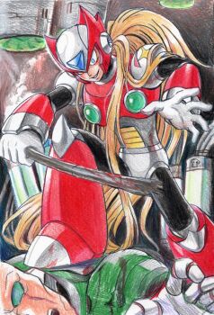 Rule 34 | 2boys, armor, blonde hair, chest jewel, forehead jewel, helmet, hijiriiyaa, holding, holding lead pipe, lead pipe, long hair, mega man (series), mega man x4, mega man x (series), multiple boys, red armor, red helmet, sigma (mega man), smirk, solo focus, zero (mega man)