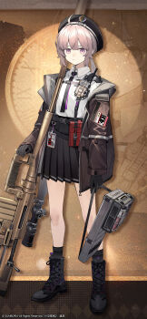 1girl ahoge anti-materiel_rifle bag beret black_bow black_gloves black_hat black_necktie black_skirt black_socks bolt_action bow brown_jacket chest_strap cheyanne_(girls'_frontline_2) cheytac_m200 chinese_commentary collared_shirt commentary_request copyright_notice full_body girls'_frontline girls'_frontline_2:_exilium gloves grey_hair gun hair_between_eyes hat highres holding holding_bag id_card jacket long_hair long_sleeves low_ponytail m200_(girls'_frontline) magazine_(weapon) necktie official_art official_wallpaper open_clothes open_jacket pleated_skirt ponytail rifle shirt sidelocks skirt sniper_rifle socks solo standing walkie-talkie weapon white_shirt zoom_layer