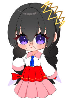 Rule 34 | 1girl, alt 0218, black hair, blush, braid, chibi, commentary request, crown, fairy, fairy wings, glasses, highres, kirby (series), kirby 64, long hair, long skirt, looking at viewer, low twin braids, nintendo, pink skirt, purple eyes, ripple star queen, simple background, skirt, sleeves past fingers, sleeves past wrists, twin braids, white background, wings