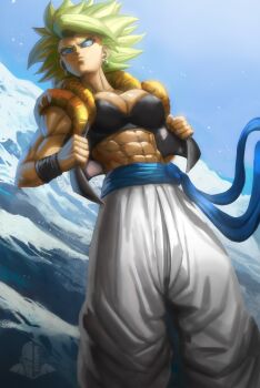 Rule 34 | 1girl, abs, absurdres, black bra, blue eyes, bra, breasts, cleavage, cosplay, dougi, dragon ball, dragon ball super, earrings, elite nappa, fusion, gogeta, gogeta (cosplay), green hair, highres, jewelry, kefla (dragon ball), looking ahead, looking up, medium breasts, muscular, muscular female, no shirt, pants, solo, super saiyan, super saiyan 1, toned, toned female, underwear, white pants, wristband