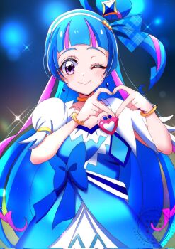 1girl aokaze_nana blue_bow blue_eyes blue_hair blush bow bracelet breasts brooch choker color_connection cosplay crystal_earrings cure_diamond cure_diamond_(cosplay) cure_wink dress earrings four-finger_heart_hands hair_bun heart heart_brooch heart_hands highres jewelry kimi_to_idol_precure long_hair looking_at_viewer magical_girl momotarouooi multicolored_hair one_eye_closed ponytail precure purple_eyes purple_streaks ribbon small_breasts smile solo stage streaked_hair