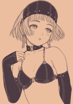 1girl bikini blush borrowed_character breasts detached_sleeves earrings headband highres jewelry looking_to_the_side monochrome murata_range_(style) original parted_lips short_hair small_breasts solo swimsuit upper_body yug_(ekaki)