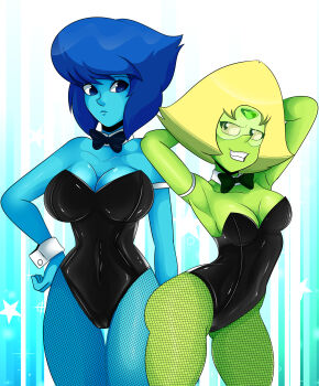 2girls absurdres blonde_hair blue_eyes blue_hair blue_skin breasts cleavage colored_skin fishnet_thighhighs fishnets green_skin highres lapis_lazuli_(steven_universe) large_breasts leotard medium_breasts multiple_girls peridot_(steven_universe) short_hair sonson-sensei steven_universe teeth thick_thighs thighhighs thighs
