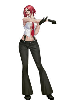 1girl breasts brown_eyes curvy formal_clothes gloves huge_breasts kinglee large_breasts open_clothes pale_skin pants red_hair shirt shoes short_hair standing the_king_of_fighters thick_lips thick_thighs thighs unbuttoned undressing vanessa_(kof) white_shirt wide_hips