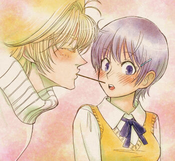 Rule 34 | 1boy, 1girl, ahoge, arcueid brunestud, black hair, blonde hair, blue eyes, blue ribbon, blush, breasts, closed eyes, collared shirt, colored eyelashes, couple, food, food in mouth, genderswap, genderswap (ftm), genderswap (mtf), hair intakes, hair ornament, hairpin, looking at viewer, misaki municipal high school uniform, official alternate design, open mouth, pocky, pocky in mouth, poppoh, ribbon, school uniform, shirt, short hair, sweat, sweater, tohno shiki, tsukihime, turtleneck, turtleneck sweater, vest, white shirt, white sweater, yellow vest