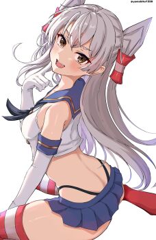 1girl amatsukaze_(kancolle) ass black_neckerchief black_panties blue_sailor_collar blue_skirt brown_eyes commentary_request cosplay crop_top elbow_gloves from_behind gloves grey_hair hair_tubes highleg highleg_panties highres kantai_collection long_hair looking_at_viewer looking_back microskirt miniskirt neckerchief panties pleated_skirt sailor_collar shimakaze_(kancolle) shimakaze_(kancolle)_(cosplay) shirt skirt sleeveless sleeveless_shirt solo striped_clothes striped_thighhighs thighhighs twitter_username two_side_up underwear white_gloves yamabiko1358