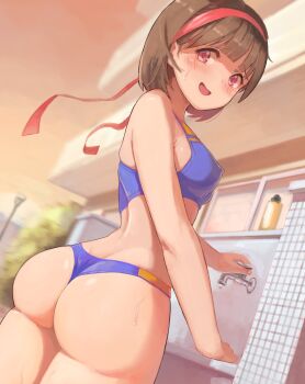 1girl :d absurdres ass back bikini blunt_bangs blurry blush breasts brown_hair building covered_erect_nipples cowboy_shot depth_of_field dripping dutch_angle evening false_smile faucet from_behind hairband highres looking_at_viewer looking_back nervous_smile open_mouth original outdoors purple_bikini purple_eyes red_hairband school short_hair small_breasts smile sports_bikini standing susu_(ysy) sweat swimsuit thong thong_bikini twisted_torso
