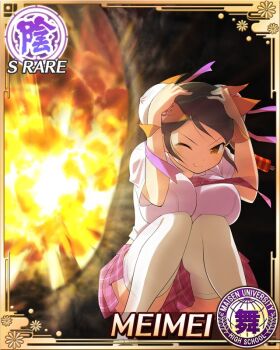 Rule 34 | 1girl, black hair, border, breasts, brown eyes, bun cover, card (medium), character name, closed mouth, collared shirt, double bun, explosion, explosion background, game cg, hair bun, hair ornament, hair ribbon, hairclip, hands on own head, large breasts, maisen university high school uniform, medium hair, meimei (senran kagura), midriff, miniskirt, necktie, official art, one eye closed, pink necktie, pink skirt, plaid clothes, plaid necktie, plaid skirt, pleated skirt, purple ribbon, ribbon, school uniform, senran kagura, senran kagura new wave, shirt, short sleeves, skirt, smile, solo, squatting, swept bangs, taking cover, thighhighs, white shirt, white thighhighs