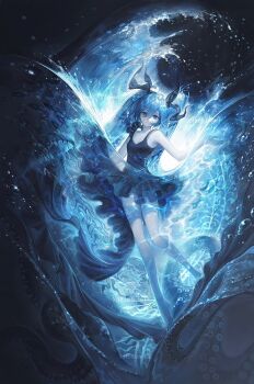 1girl air_bubble artist_name bare_legs barefoot black_dress black_ribbon blue_eyes blue_hair blue_theme bubble closed_mouth dress hair_between_eyes hair_ribbon hatsune_miku highres huli_xiaobai light_smile long_hair looking_at_viewer ribbon shinkai_shoujo_(vocaloid) smile twintails twitter_username underwater very_long_hair vocaloid