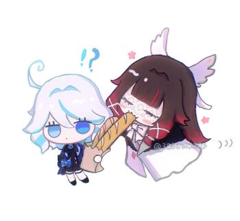 !? 2girls 303owo303 ahoge black_hair blue_eyes blue_hair bow bread chibi chibi_only closed_eyes closed_mouth coat columbina_(genshin_impact) eating eye_mask fatui_coat floating food furina_(genshin_impact) genshin_impact hair_ornament head_wings long_coat long_hair mask multicolored_hair multiple_girls multiple_wings purple_hair purple_streaks simple_background smile streaked_hair twitter_username two-tone_hair white_background white_bow white_coat white_hair white_wings wing_hair_ornament wings x-shaped_eyewear