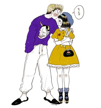 1boy 1girl arm_around_shoulder bag beret black_bag black_eyes black_hair black_shoes blonde_hair blue_hat blue_socks blush bow_legwear bug collared_dress colored_skin commentary crossed_arms dress emamemamo33 frilled_dress frills full_body hand_in_pocket handbag hat highres imminent_kiss insect iridescent_hair ladybug long_sleeves looking_at_viewer oni original pants pompadour purple_sweater pursed_lips shoes short_hair signature simple_background slippers socks speech_bubble standing sweater sweatpants translated white_background white_skin yellow_dress