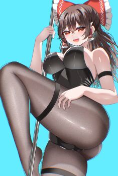 1girl :d absurdres alternate_costume ass blush bow breasts brown_hair cameltoe cleavage commentary_request frilled_bow frilled_hair_tubes frills from_below hair_bow hair_tubes hakurei_reimu hand_up highres kiui_(dagk8254) leotard long_hair looking_at_viewer open_mouth paid_reward_available pantyhose playboy_bunny pole pole_dancing red_bow red_eyes sidelocks smile solo strapless strapless_leotard stripper_pole thighs touhou
