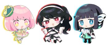 Rule 34 | 3girls, :d, :o, android, asymmetrical footwear, asymmetrical legwear, bare shoulders, belt, black bow, black footwear, black hair, blue eyes, bob cut, boots, bow, breasts, chibi, commentary request, cowboy shot, creator connection, cropped legs, dress, fingerless gloves, gloves, green eyes, hair ornament, hand up, hat, headphones, highres, humagear headphones, is (kamen rider 01), jacket, kamen rider, kamen rider 01 (series), kamen rider ex-aid (series), kamen rider geats (series), large breasts, logo, looking at viewer, medium breasts, mismatched footwear, mismatched legwear, multicolored hair, multiple girls, musical note, nail polish, necktie, open mouth, pantyhose, pink hair, ponytail, poppi pipopapo, red eyes, robot ears, short hair, simple background, skirt, smile, socks, streaked hair, tanikomotimoti, tsumuri (kamen rider geats), twitter username, white background, white dress, white footwear, white hair, white jacket, white nails