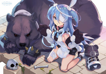 1girl animal_ears bandaged_leg bandages bandages_over_eyes bear blue_eyes blue_hair bone breasts hair_between_eyes highres little_witch_nobeta little_witch_nobeta_official loli long_hair looking_at_viewer monica_(little_witch_nobeta) monster official_art rabbit_ears scar scar_across_eye scar_on_face skull small_boobs small_breasts twintails very_long_hair