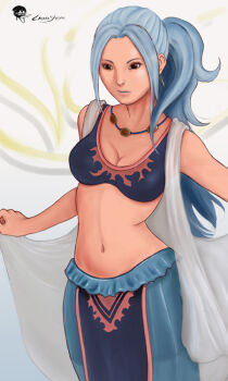 1girl blue_hair breasts cleavage female_focus iron_yaya jewelry long_hair long_skirt midriff necklace nefertari_vivi one_piece reference_work skirt solo