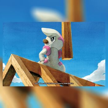 black_eyes blue_sky bright_pupils closed_mouth cloud commentary company_name copyright_name copyright_notice english_commentary gen_5_pokemon nakai_mina nintendo official_art pokemon pokemon_(creature) pokemon_focus pokemon_tcg sky solo third-party_source timburr white_pupils wooden_beam