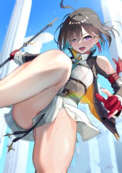 1girl ahoge ammo21204760 atelier_(series) atelier_yumia black_hair black_jacket blue_sky clothing_cutout collared_dress dress gloves holding holding_staff jacket kicking long_sleeves open_clothes open_jacket open_mouth partially_fingerless_gloves purple_eyes red_gloves revision short_dress short_hair shoulder_cutout sky solo staff white_dress yumia_liessfeldt