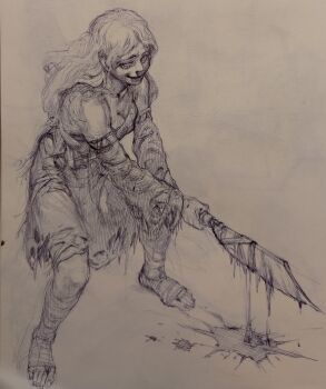 Rule 34 | 1girl, absurdres, bandaged leg, bandages, blood, cleaver, dress, full body, grin, highres, long hair, looking at viewer, monochrome, nata (tool), sakata nemuno, sendai (nazonomono), single-shoulder dress, single strap, smile, solo, standing, touhou, traditional media