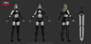 1girl 3d absurdres armor black_boots black_gloves black_shirt black_shorts blonde_hair blue_eyes boots breasts cleavage cleavage_cutout clothing_cutout company_name copyright_logo copyright_notice full_body gloves grey_background highres lips logo long_hair magik_(x-men) marvel marvel_future_revolution minsu_kim multiple_views navel pauldrons shirt shorts shoulder_armor simple_background spiked_pauldrons spikes sword thigh_boots turnaround upper_body weapon x-men
