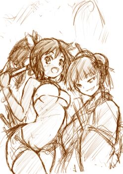 2girls atlus bandeau breasts curvy etrian_odyssey grin hair_bun highres japanese_clothes jas_(kda10457) large_breasts legs looking_at_viewer midriff monochrome multiple_girls naughty_face navel open_mouth ponytail sarong sega shilleka sketch smile thick_thighs thighs traditional_media tribal underboob
