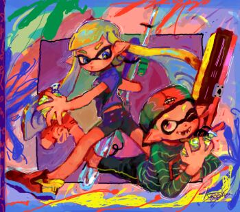 Rule 34 | bad drawr id, bad id, holding, holding weapon, inkling, kazeshio (kzso), looking at another, lying, naughty face, nintendo, oekaki, open hand, splat charger (splatoon), splat roller (splatoon), splatoon (series), tentacle hair, walking, water balloon, weapon