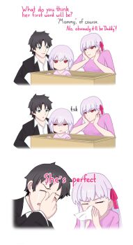 Rule 34 | 1boy, 2girls, blue eyes, crib, english text, fate/grand order, fate (series), father and daughter, fujimaru ritsuka (male), hair ribbon, happy tears, highres, if they mated, kama (fate), long hair, monochrome, mother and daughter, multiple girls, red eyes, red ribbon, ribbon, short hair, tagme, tears, tetranort, tissue