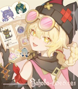 1girl :d aino_(genshin_impact) ashru_(genshin_impact) bare_shoulders black_gloves black_hair blonde_hair blue_eyes book braid braided_hair_rings chibi chinese_commentary commentary_request elbow_gloves eyewear_on_head fingerless_gloves genshin_impact gloves goggles goggles_on_head green_eyes green_hair hair_rings hat highres holding ineffa_(genshin_impact) jahoda_(genshin_impact) lauma_(genshin_impact) long_hair looking_at_viewer looking_back maodongdada multiple_girls nefer_(genshin_impact) open_mouth pink_hair purple_hair smile star-shaped_pupils star_(symbol) symbol-shaped_pupils yellow_eyes