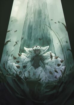 1girl absurdres animal_ears blood blood_string claws commentary_request dark-skinned_female dark_skin extra_arms faputa fewer_digits flat_chest glowing glowing_eyes highres long_hair made_in_abyss multiple_tails muted_color navel nude open_mouth outstretched_arms screaming sharp_teeth solo standing tail teeth very_dark_skin white_fur white_hair white_tail wide_shot yubrich