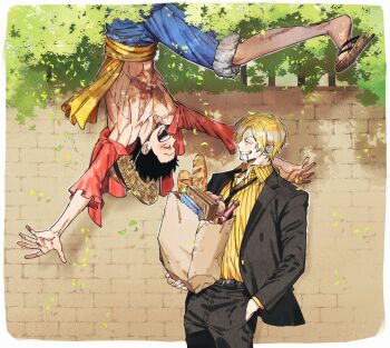 Rule 34 | 2boys, ^ ^, black hair, black suit, blonde hair, cigarette, closed eyes, commentary, curly eyebrows, facial hair, formal clothes, goatee, hand in pocket, hat, highres, male focus, monkey d. luffy, multiple boys, mustache, one piece, open clothes, open shirt, outdoors, qkdrkqkdrks2, red shirt, sandals, sanji (one piece), sash, scar, scar on chest, shirt, smile, straw hat, suit, symbol-only commentary, upside-down, yellow sash