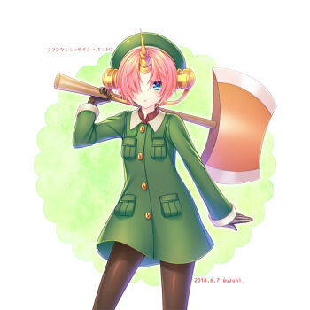 1girl axe blue_eyes brown_pantyhose character_name coat commentary_request cosplay dated fate/grand_order fate_(series) frankenstein's_monster_(fate) gloves green_coat green_hat hair_over_one_eye hat holding holding_axe horns looking_at_viewer mechanical_horns pantyhose paul_bunyan_(fate) paul_bunyan_(fate)_(cosplay) pink_hair short_hair single_horn solo twitter_username uzu_hi