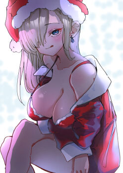 1girl asuna_(blue_archive) ayasakimako bare_shoulders bikini blonde_hair blue_archive blue_eyes blush breasts cleavage collarbone commentary_request crossed_legs earrings hair_over_one_eye hat highres jacket jewelry large_breasts long_hair looking_at_another red_bikini red_jacket santa_bikini santa_costume santa_hat sitting smile solo swimsuit thighs tongue tongue_out very_long_hair