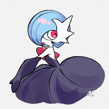 1girl alternate_color artist_name backless_dress backless_outfit bare_shoulders black_dress black_gloves blue_hair bob_cut colored_skin dated dress elbow_gloves female_focus flat_chest from_side gardevoir gen_3_pokemon gloves grey_background hair_over_one_eye happy hige_(693273545) long_dress looking_back mega_gardevoir mega_pokemon nintendo one_eye_covered open_mouth pokemon pokemon_(creature) red_eyes shiny_pokemon short_hair signature simple_background smile solo strapless strapless_dress white_skin