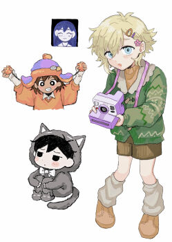 Rule 34 | 1girl, 3boys, alternate costume, alternate hairstyle, basil (faraway) (omori), basil (omori), blonde hair, blue eyes, brother and sister, camera, chibi, flower, hair flower, hair ornament, hairclip, highres, holding, holding camera, kel (faraway) (omori), kel (omori), long hair, looking at viewer, mari (headspace) (omori), mari (omori), multiple boys, omori, omori (omori), sebon (sebochin), short hair, siblings