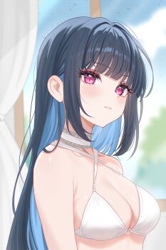 Rule 34 | 1girl, armpit crease, bare shoulders, bibixart, bikini, black hair, blue hair, blurry, blurry background, blush, breasts, choker, cleavage, closed mouth, commentary, criss-cross halter, flower-shaped pupils, halterneck, highres, lace-trimmed choker, lace trim, long hair, looking at viewer, medium breasts, nazuka (stella sora), pink eyes, sidelocks, solo, stella sora, swimsuit, symbol-only commentary, symbol-shaped pupils, upper body, white bikini, white choker