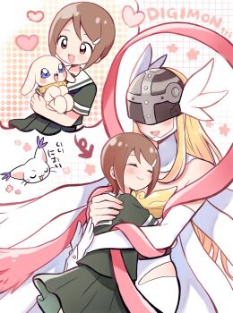 2girls angewomon armor bare_shoulders blonde_hair boobplate breastplate breasts brown_eyes brown_hair child closed_eyes covered_eyes digimon digimon_adventure_tri. dog green_shirt green_skirt helmet helmet_over_eyes highres hug multiple_girls plotmon shirt skirt tailmon upper_body waka_88000 yagami_hikari