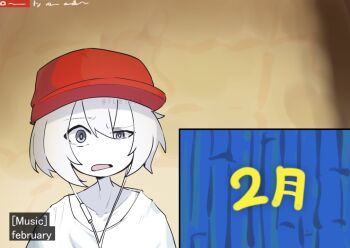 1girl baseball_cap brown_background colored_skin dairi_(f.a.l) english_text f.a.l grey_eyes hat meme open_mouth original portrait red_hat shirt short_hair skyviewray's_"let's_go"_(meme) solo spongebob_squarepants_(series) t-shirt twitter_username white_hair white_shirt white_skin