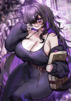 1girl belt black-framed_eyewear black_dress black_hair blush book bookmark breasts charm_(object) cleavage colored_inner_hair dress fang glasses goddess_of_victory:_nikke hair_over_one_eye hand_up highres holding holding_book huge_breasts key label_(nikke) looking_at_viewer mole mole_on_breast multicolored_hair off-shoulder_jacket off_shoulder one_eye_covered open_mouth osiimi purple_eyes purple_hair sitting skin_fang solo
