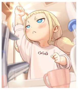 1girl :< arm_up bathroom blonde_hair blue_eyes blurry blurry_foreground blush clenched_hand closed_mouth commentary_request cup depth_of_field faucet indoors kozato_(yu_kozato) little_blonde_girl_(kozato) long_sleeves low_twintails mug original shirt short_eyebrows soap_bubbles solo thick_eyebrows twintails upper_body v-shaped_eyebrows white_shirt