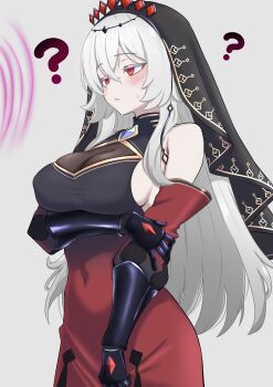 Rule 34 | 1girl, ?, absurdres, arm under breasts, armpit crease, black dress, black veil, blazing cartesia the virtuous, blue gem, blush, breasts, colored eyelashes, commentary, commission, covered erect nipples, covered navel, cowboy shot, crossed bangs, dress, duel monster, ecclesia (yu-gi-oh!), empty eyes, gauntlets, gem, gradient clothes, gradient dress, grey background, hair between eyes, hair ornament, highres, hypnosis, long hair, medium breasts, mind control, oldsickkim, red dress, red eyes, red gem, sideboob, simple background, solo, standing, veil, white eyelashes, white hair, yu-gi-oh!