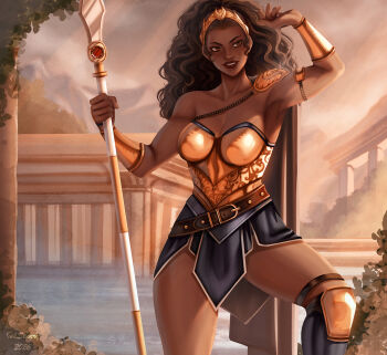Rule 34 | 1girl, armpits, bare shoulders, black hair, boots, breasts, cleavage, dark-skinned female, dark skin, dc comics, gold boots, gold bracer, gold tiara, highres, inksilvery, long hair, nubia (dc), pillar, solo, stone pillar, wonder woman (series)