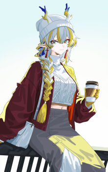 1girl absurdres alternate_costume aqua_eyes arknights bag beanie blonde_hair blue_hair braid casual cheong_seol closed_mouth colored_skin cup disposable_coffee_cup disposable_cup dragon_girl dragon_horns earrings feet_out_of_frame grey_hair grey_skirt handbag hat highres holding holding_cup horns horns_through_headwear jacket jewelry long_hair long_skirt long_sleeves looking_at_viewer midriff_peek multicolored_hair navel on_railing open_clothes open_jacket pointy_ears railing red_jacket shirt shoulder_bag shu_(arknights) simple_background single_braid sitting skirt smile solo tassel tassel_earrings very_long_hair white_background white_hat white_shirt yellow_skin