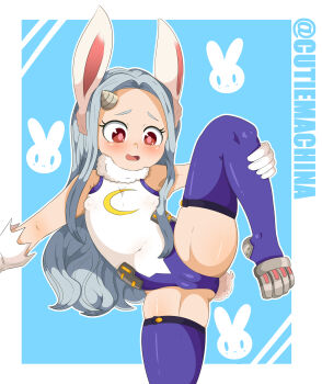 1girl absurdres animal_ears armpits artist_name ass bad_id bad_pixiv_id blue_background blue_hair blue_thighhighs blush boku_no_hero_academia breasts cameltoe cosplay covered_erect_nipples covered_navel cutiemachina eri_(boku_no_hero_academia) forehead gloves hand_on_own_leg highres horns knee_up leg_lift leg_up legs leotard loli long_hair mirko mirko_(cosplay) open_mouth outstretched_arm rabbit_ears rabbit_tail red_eyes simple_background single_horn small_breasts solo split standing standing_on_one_leg standing_split tail thighhighs thighs white_gloves white_leotard